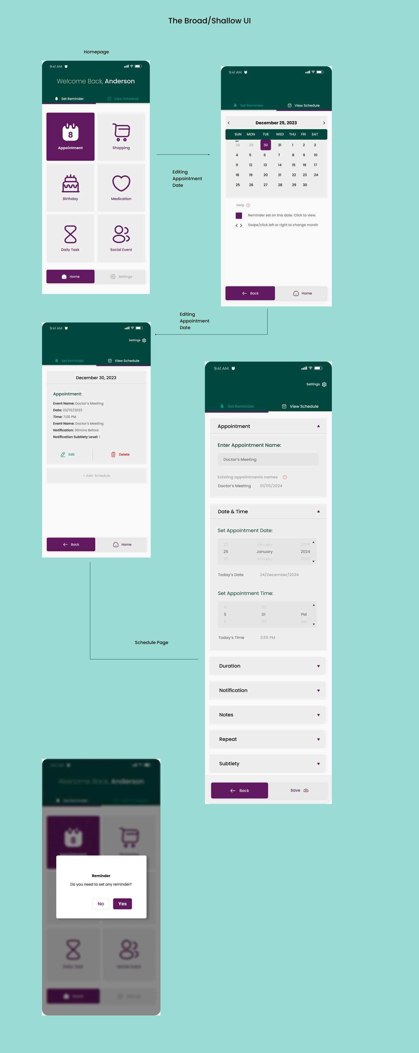 Redesigned APPLTree Broad/Shallow interface with icon-based homepage navigation and an accordion-style appointment form.