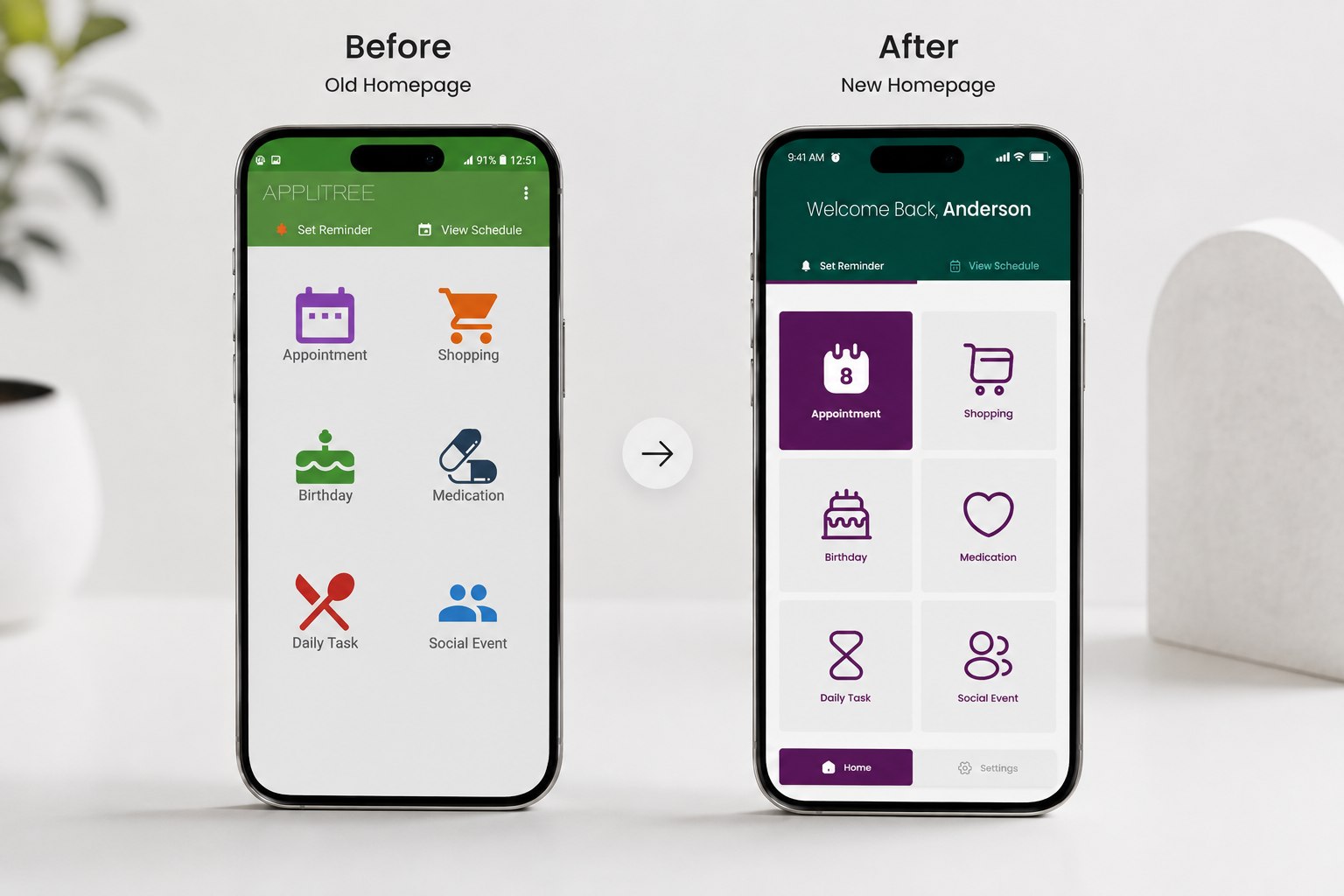 Before and after comparison of APPLTree's homepage, from a flat green text menu to a redesigned icon-based grid