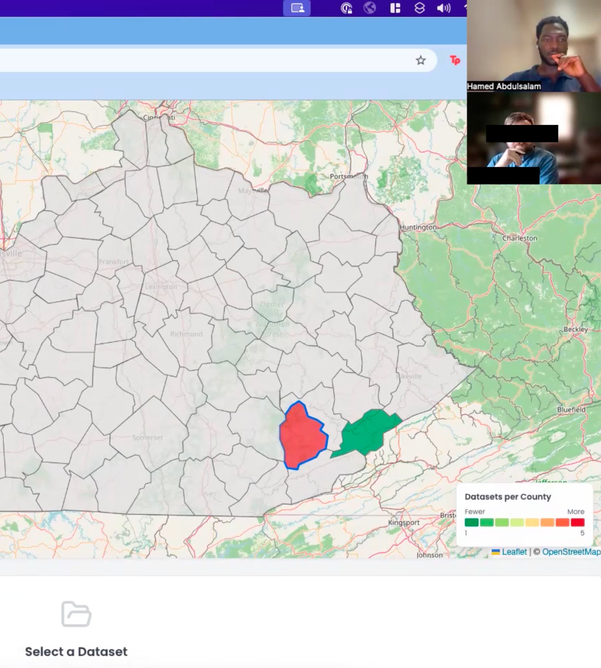 Reviewing a county-level dataset map tool with a research participant during a usability testing session for the SGX3 science gateway project