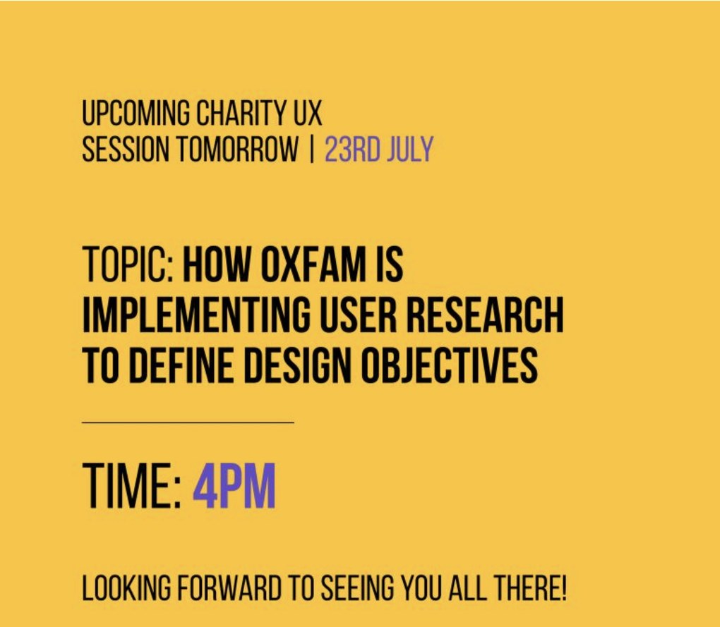 Charity UX Network event card for "How Oxfam Is Implementing User Research to Define Design Objectives," 23 July 2025