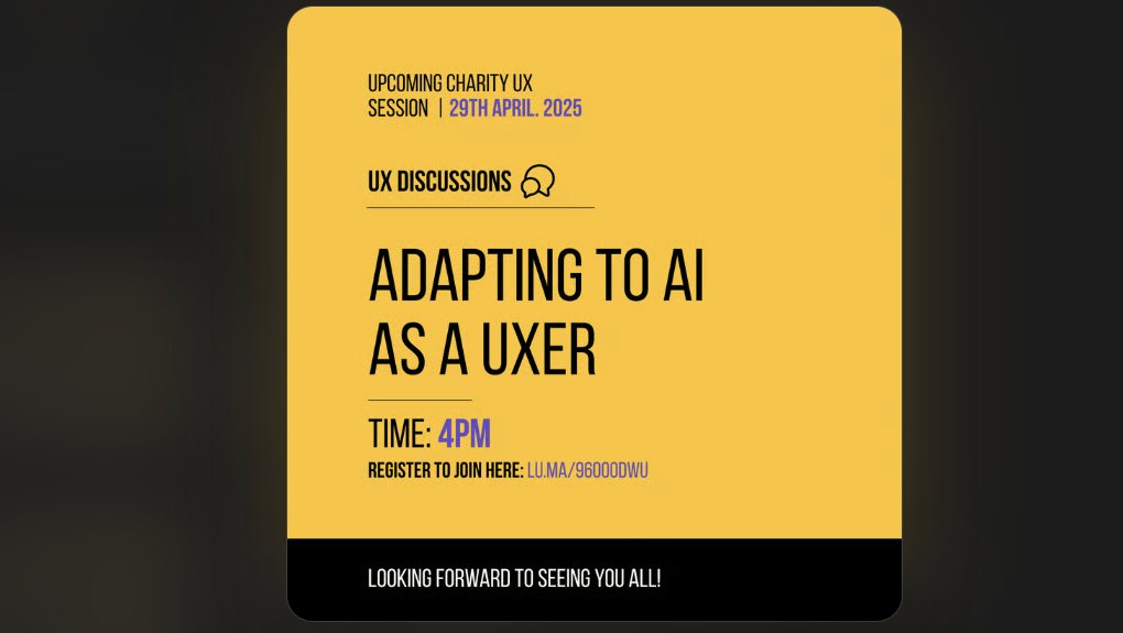 Charity UX Network event card for "Adapting to AI as a UXer," 29 April 2025
