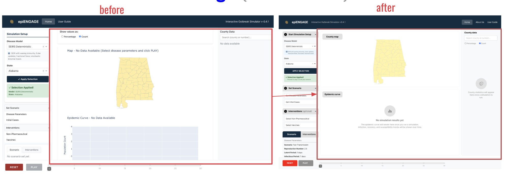 Before and after comparison: the original flat 'No Data Available' text labels, versus redesigned icon-based empty states with clear guidance.