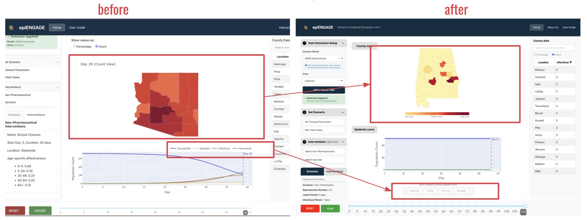 Before and after comparison: the original map with no color legend, versus the redesigned map with a low-to-high case color legend and labeled epidemic curve category pills.