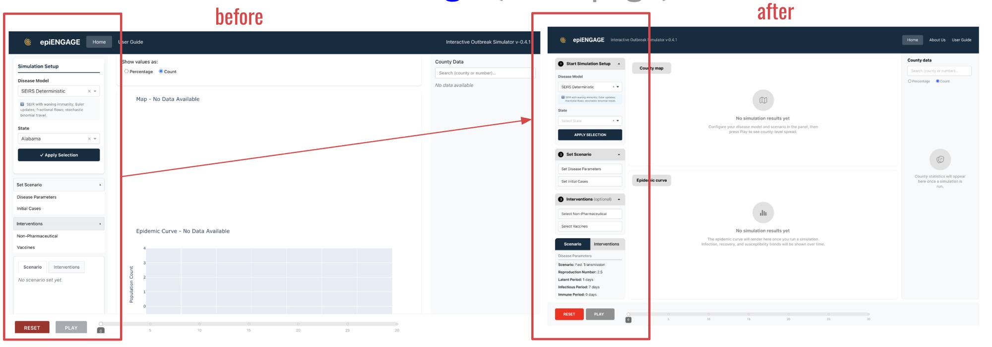 Before and after comparison: the original homepage with no numbered setup steps, versus the redesigned homepage with a numbered 1-2-3 setup flow.