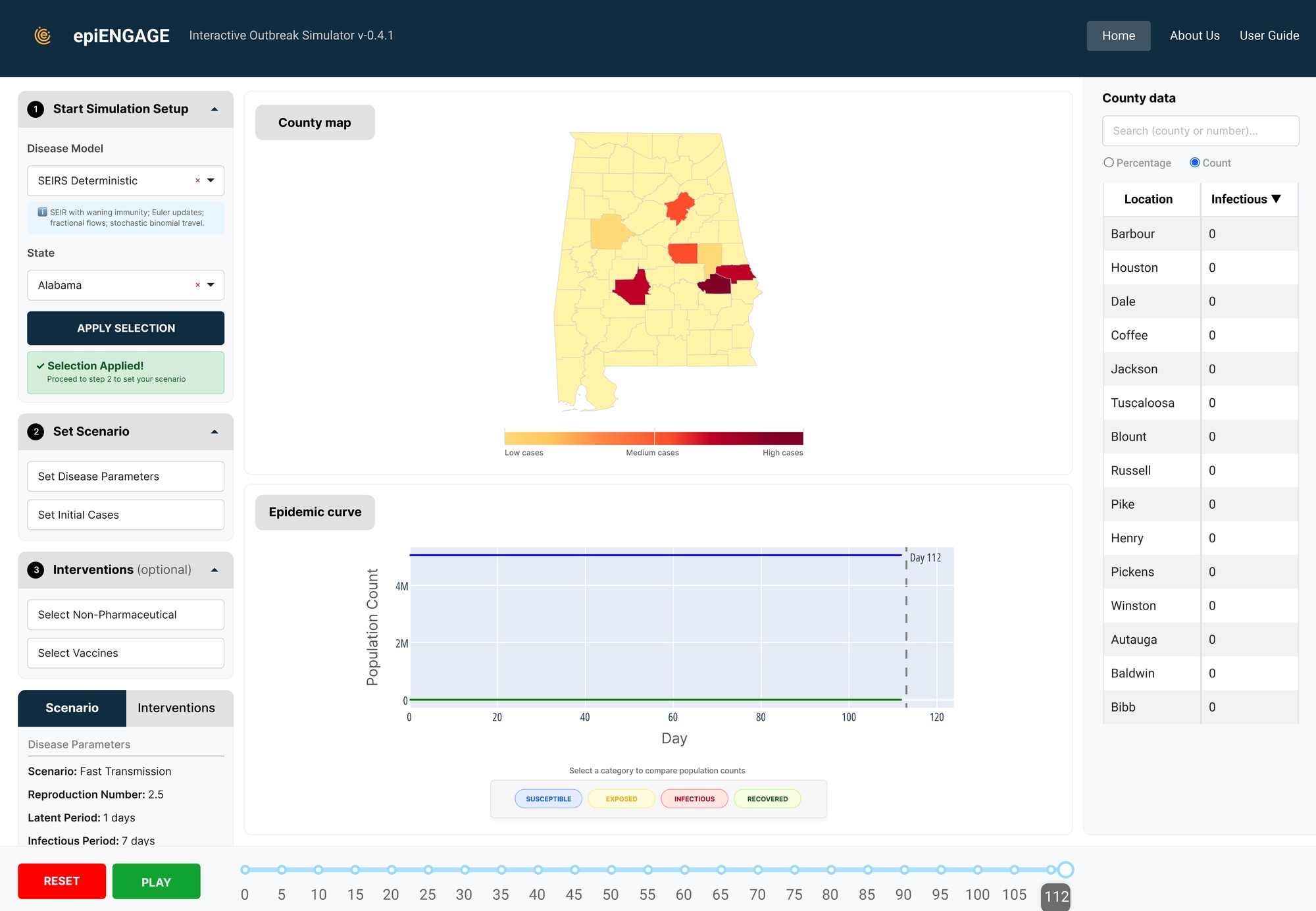 epiENGAGE Interactive Outbreak Simulator dashboard, showing a county-level case map with a color legend and an epidemic curve chart