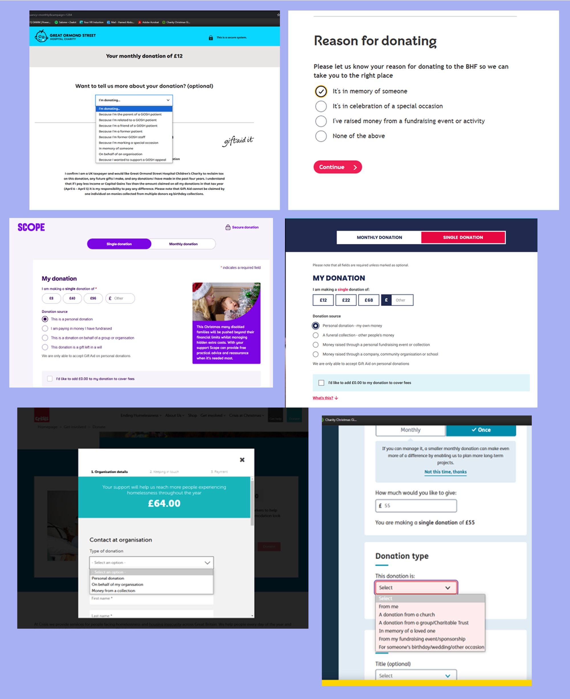 Competitor analysis of donation-reason interfaces from Great Ormond Street Hospital, British Heart Foundation, Scope, Crisis and other UK charities.