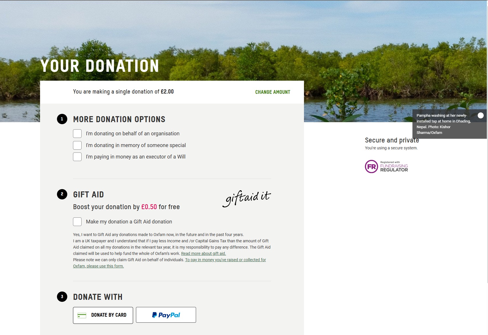 Original Oxfam donation form before redesign, showing separate checkboxes under 'More donation options' for donating on behalf of an organisation, in memory of someone special, or as an executor of a will.