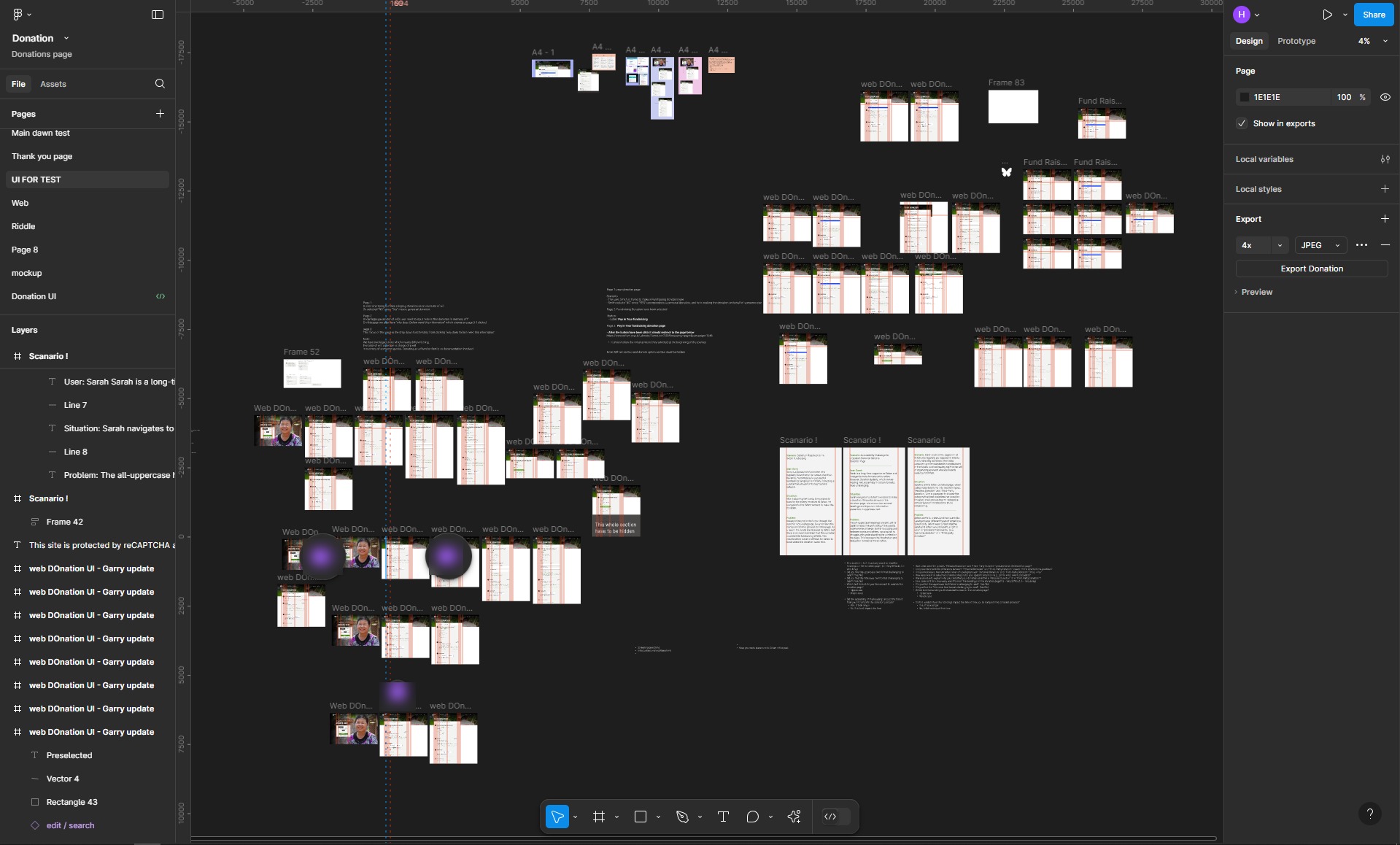 Figma workspace overview showing the donation UI file organised by scenario, with prototype iterations, persona scenarios, and design variants laid out on the canvas.