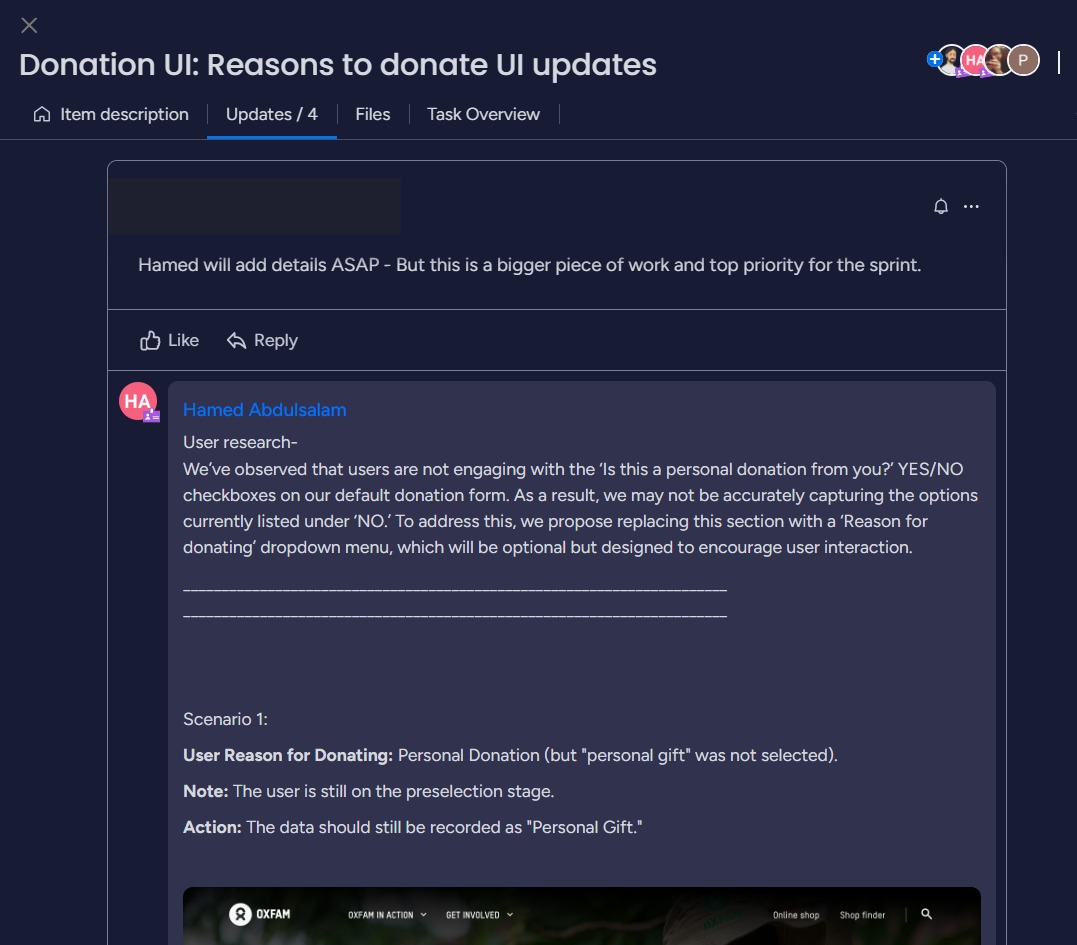 Monday.com discussion thread explaining the research reasoning behind replacing the Yes/No checkboxes with a 'Reason for donating' dropdown, with a colleague's name redacted.
