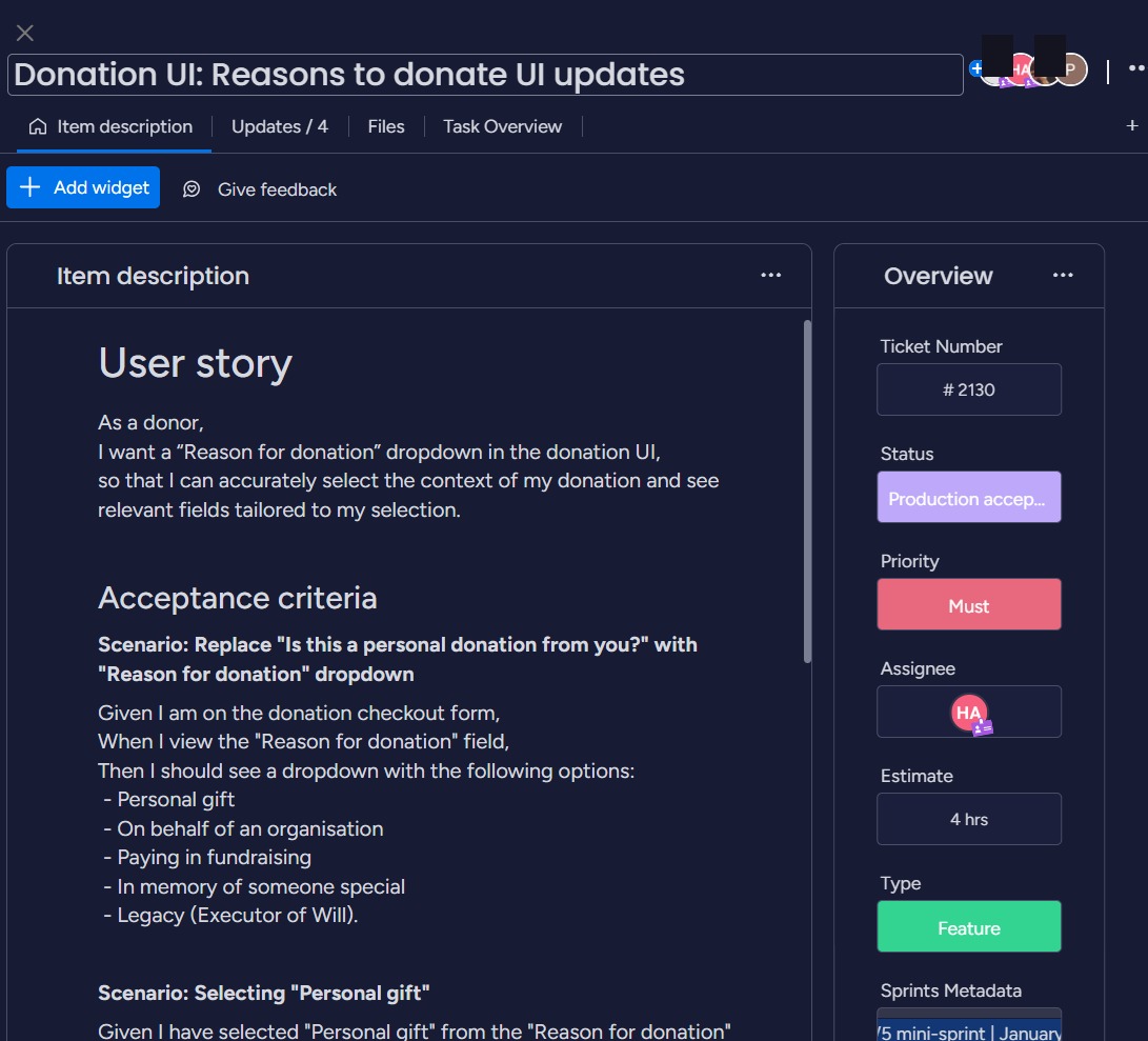 Monday.com ticket with a full user story and Gherkin-style acceptance criteria for the 'Reason for donation' dropdown, covering every donation type.