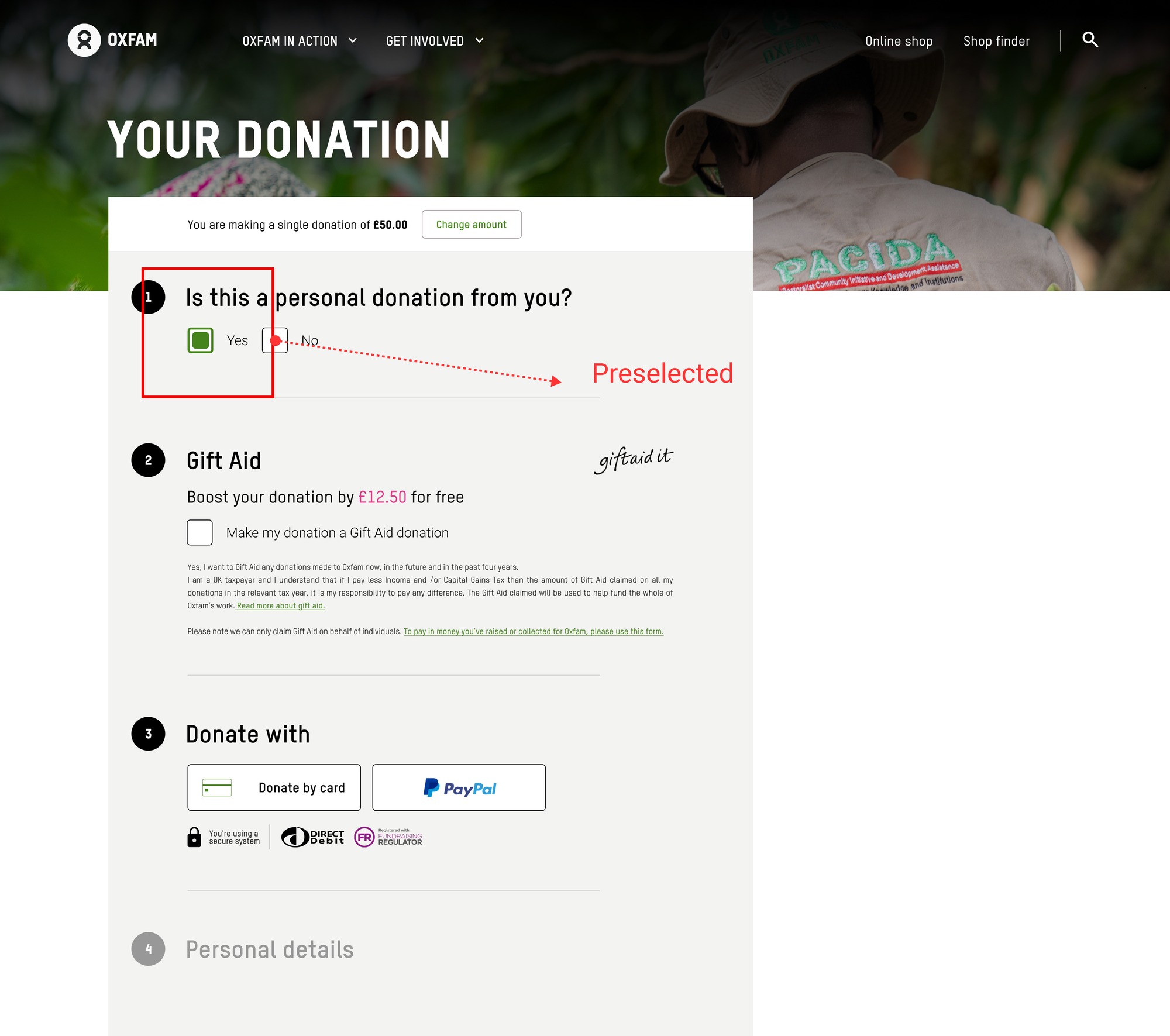 Annotated screenshot of the donation form, highlighting the 'Yes' option preselected on the personal donation question, with 'Preselected' labelled next to it.