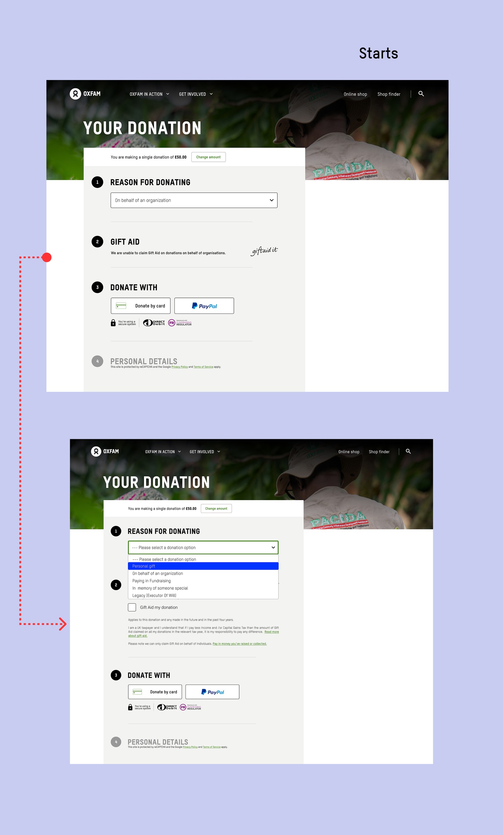 The improved donation form with the 'Reason for donating' dropdown open, listing personal gift, on behalf of an organisation, paying in fundraising, in memory of someone special, and legacy options.