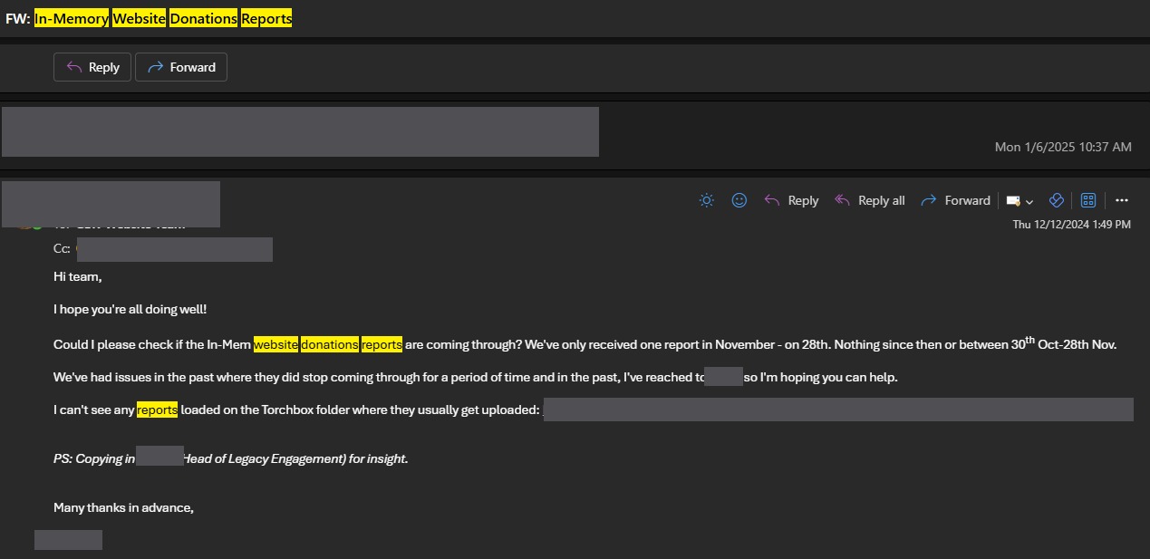 Internal email thread flagging that in-memory, website and donations reports had stopped coming through, with names and the internal folder link redacted.
