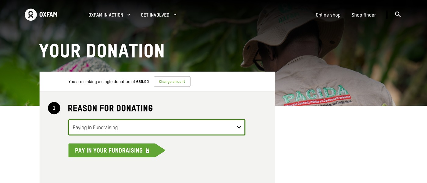 Redesigned form with 'Paying in Fundraising' selected, showing a dedicated 'Pay in your fundraising' call to action.