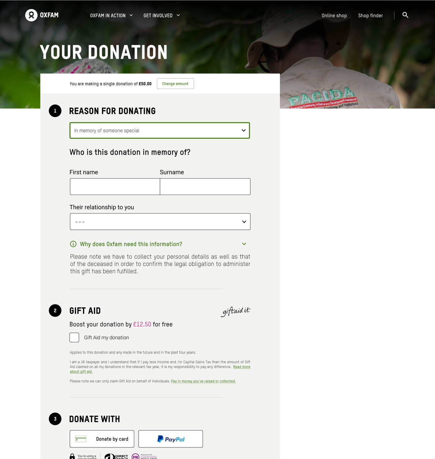 Redesigned form with 'In memory of someone special' selected, revealing a sub-form for the deceased's name and relationship, plus an explanation of why Oxfam needs this information.