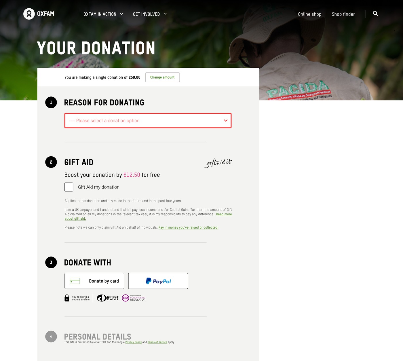 Redesigned form showing an inline validation error in red, prompting the donor to select a donation option before continuing.