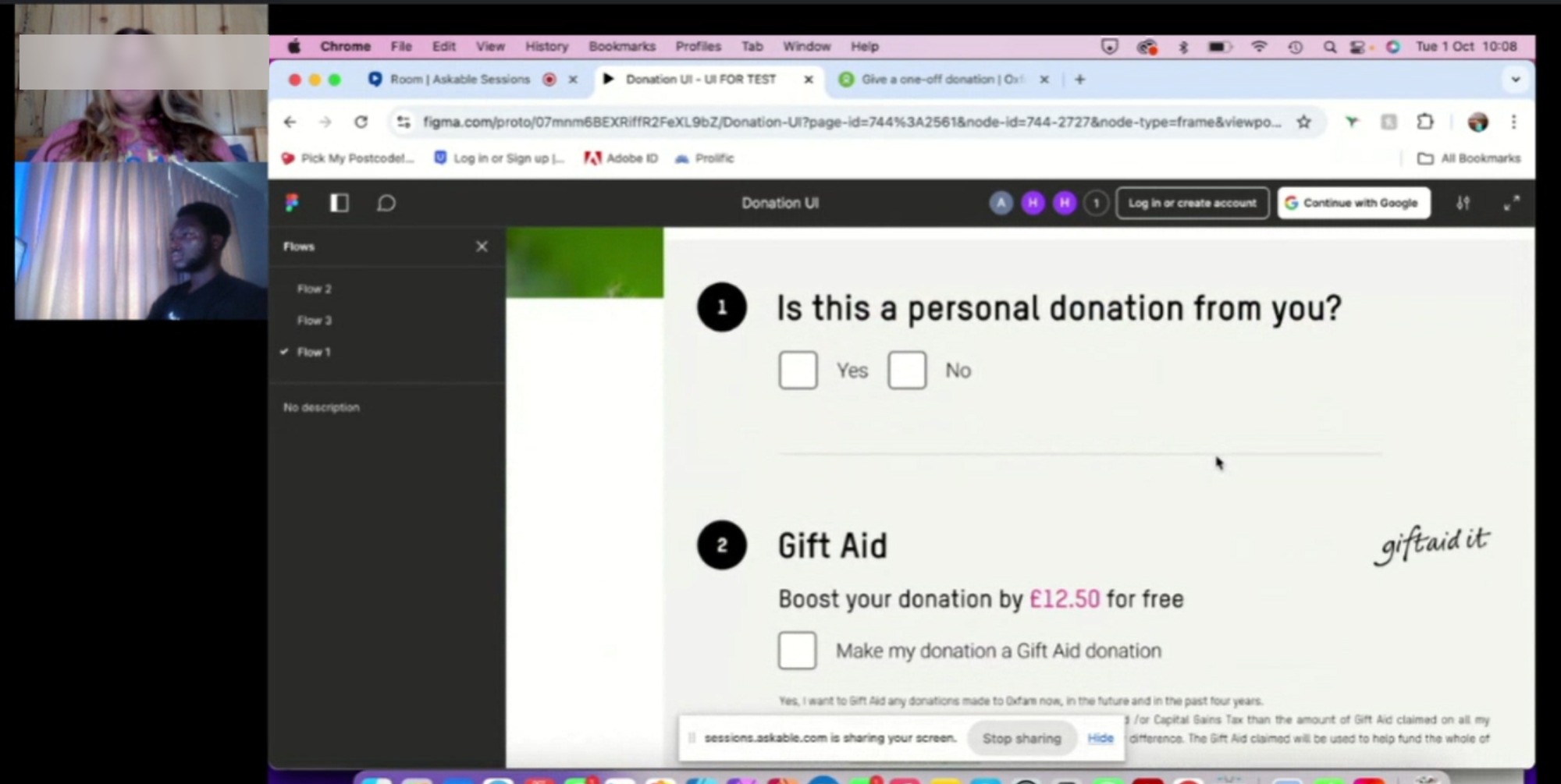 A moderated usability testing session over video call, with a participant navigating the Figma prototype live in ASKABLE.