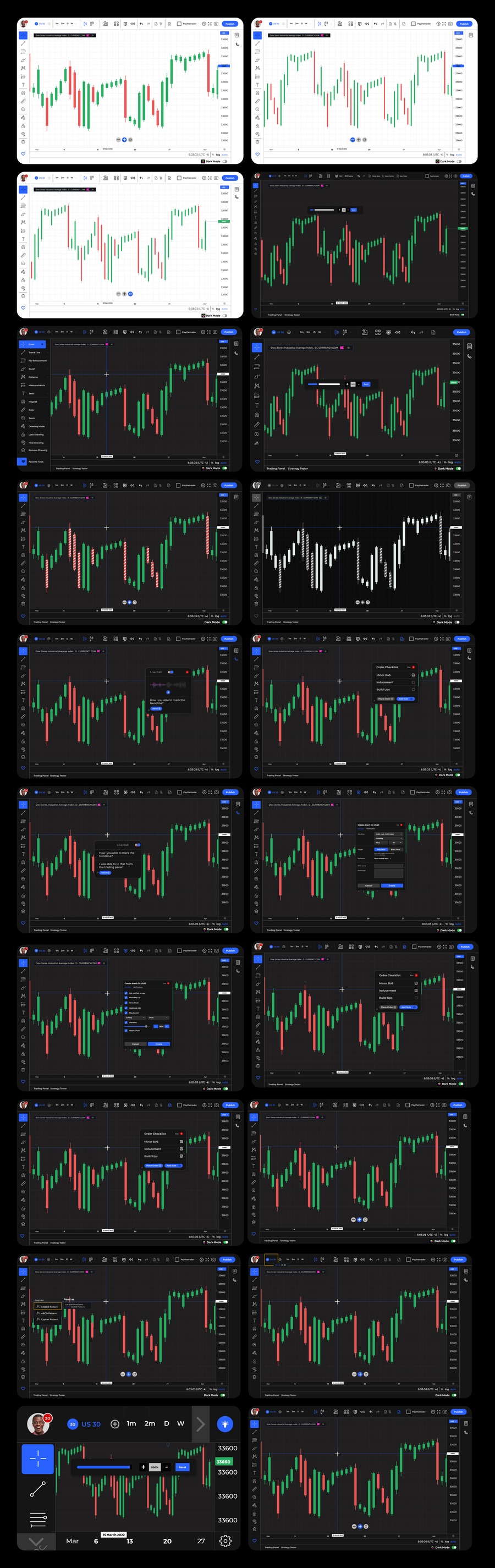 Overview grid of every desktop screen state in the redesigned trading platform, across light mode, dark mode and every accessibility feature.