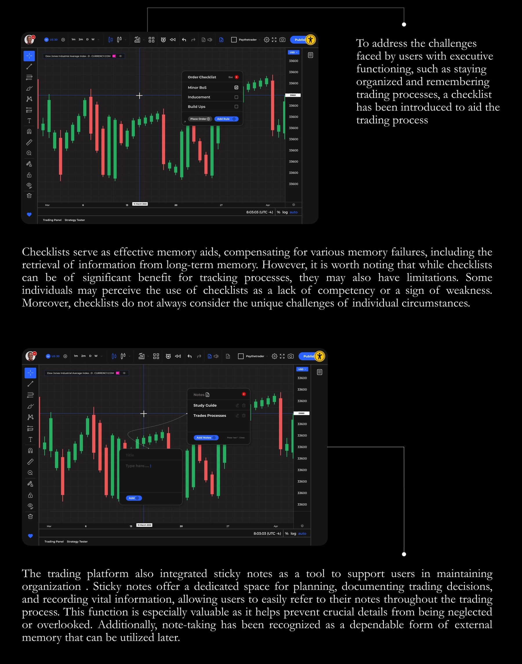 Accessibility features for traders with cognitive impairments: an order checklist for trade rules, and a sticky-notes tool for study guides and trade processes.