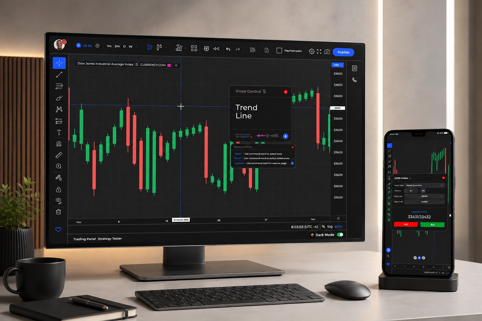 A desk setup showing the redesigned trading platform on desktop and mobile, with voice control active
